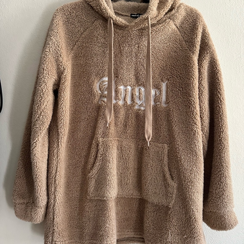 Cozy Tan Fleece Hoodie with 'Angel' Embroidery
